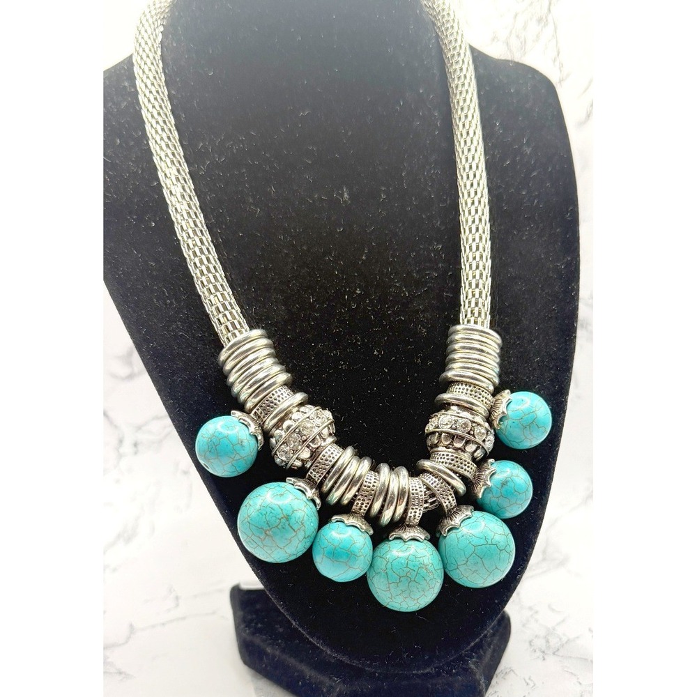 Chunky Turquoise Bead Silver Mesh Necklace Statement Southwestern
